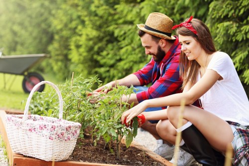In a well-maintained front garden in Woolwich, a young man and woman are engaged in gardening activities, tending to small plants within a raised flower bed bordered by soil and greenery. The garden features lush grass in the foreground, neatly edged along the flower bed. Behind them, a dense backdrop of mature trees and shrubs provides a natural, verdant setting. The garden area appears spacious and well-organized, with a basket of gardening tools or supplies visible nearby. The outdoor environment is bright and sunny, indicating clear weather, which enhances the vibrant green tones of the lawn, plants, and surrounding foliage. This scene exemplifies typical residential gardening maintenance, highlighting planting and outdoor care services that a local landscaping company like Landscapers Woolwich might provide, especially in the Woolwich postcode area. The overall composition reflects an inviting and productive outdoor space, emphasizing the importance of garden upkeep and plant nurturing.