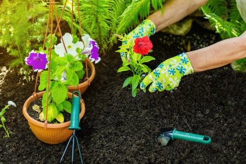 A close-up view of a gardener's hands, wearing colourful floral-patterned gloves, planting a red flowering plant into dark, well-prepared soil within a landscaped garden. To the left, there are potted flowering plants with vibrant purple and white blooms, hanging on a wooden trellis or stand, supported by orange containers. A small, green hand trowel is placed on the soil nearby, indicating ongoing planting activity. The background features lush green fern-like foliage and other leafy plants, suggesting a well-maintained garden space common in residential outdoor areas around Woolwich. The scene captures natural daylight with soft shadows, emphasizing the fresh, thriving plants and freshly turned soil, reflective of professional gardening services offered by Landscapers Woolwich, focused on garden planting and outdoor maintenance.