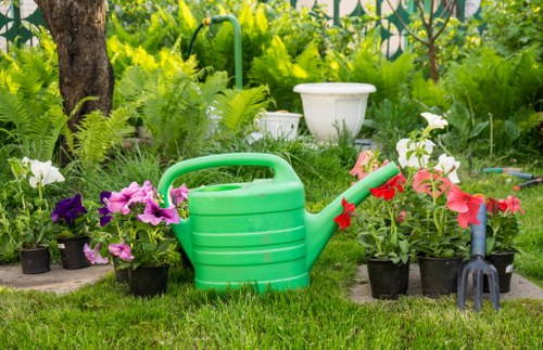 A small, well-maintained garden scene featuring a lush green lawn with evenly cut grass in the foreground. The background showcases a mix of vibrant flowering plants and green foliage, including white, pink, and purple blooms arranged in pots and directly in the soil. A large, mature tree with a textured trunk provides partial shade, and a white decorative garden urn is visible among the plants. A bright green watering can and a small black garden fork are positioned on the grass, indicating active gardening. The garden is bordered by dense greenery, and sunlight filters through the leaves, suggesting a clear, bright day, typical of outdoor maintenance in Woolwich. The outdoor space appears organized, with a variety of plant textures and colours contributing to a lively, natural atmosphere, suitable for landscaping and gardening services offered by Landscapers Woolwich.